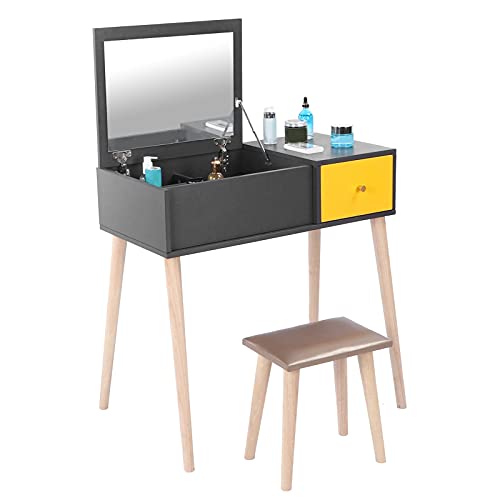 GOTOTOP Table de maquillage avec miroir et tabouret de maquillage avec tiroirs, coiffeuse multifonction -80x40x80cm Cover