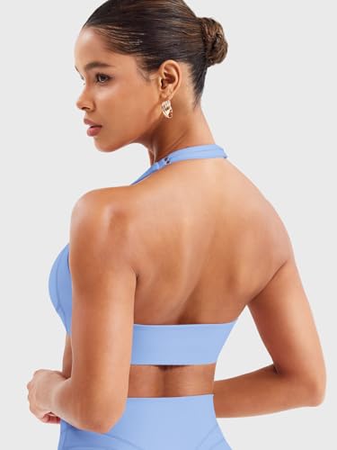 Image of YEOREO Women Halter Sports Bra Light Support V Neck Padded Strappy Open Back Workout Gym Tops