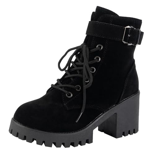 Women's Combat Ankle Boots Chunky Heel Lace up Fashion Heeled Booties Round Toe Side Zipper Motorcycle Boots