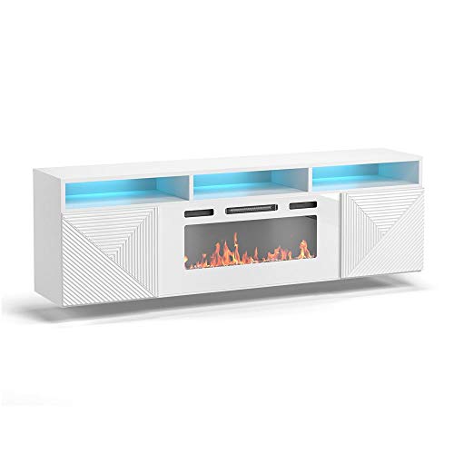 Meble Furniture Giza WH-EF 63'' Floating Fireplace TV Stand - Modern High Gloss TV Stand with Storage Cabinets - Central Entertainment Center Console Table for TVs up to 70" - White