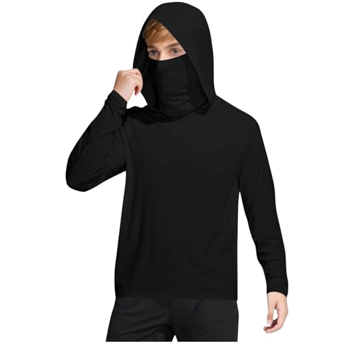 Unisex Kids UPF 50+ Hoodie with Face Mask Ice Silk Long Sleeve Rash Guard Swim Tops Cooling Hiking Shirts 4-15 Years Black