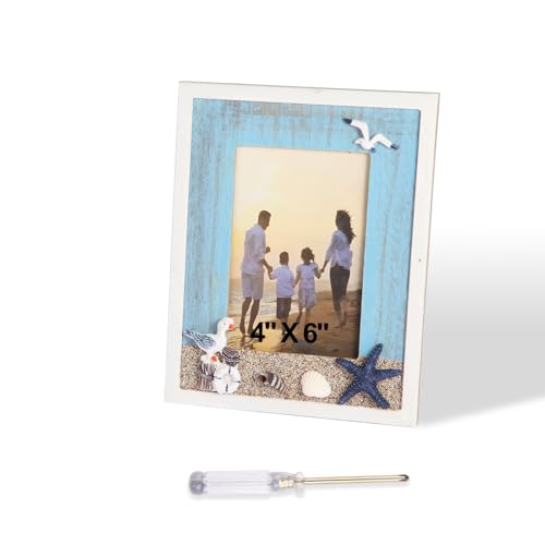 Fbzrnik Mediterranean 4 x 6 Picture Frame Distressed Wood Beach Photo Frame with Seashells Starfish and Seabirds Rustic Coastal Tabletop Decor for Beach House Living Room