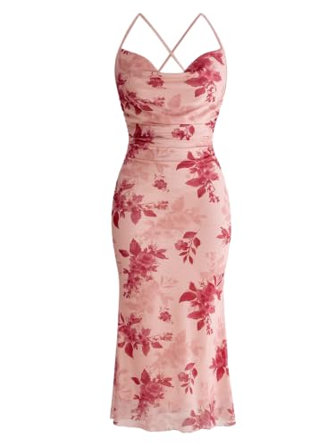 Image of SOLY HUX Women's Floral Mesh Bodycon Cami Dress Cowl Neck Sleeveless Cocktail Party Wedding Guest Long Maxi Dresses