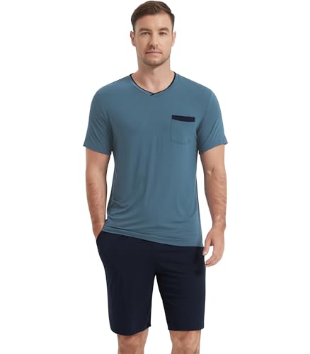 Image of NACHILA Men's Pajamas Set-Viscose Made from Bamboo, Short Sleeve Sleepwear Soft Pjs with Shorts V Neck Loungewear Sets