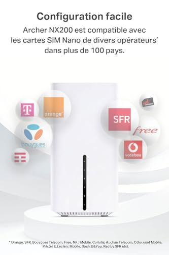 TP-Link Routeur 5G, Routeur WiFi 6 AX1800Mbps, 3 Ports Gigabit, Bi-Bande MU-Mimo, EasyMesh, Connecte Jusqu’à 64 Appareils, Plug-and-Play, Compatible Toutes Les Cartes SIM des opérateurs, Archer NX200