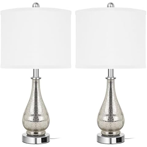 Glass Table Lamps Set of 2, Modern 23.5” High Hand-Applied Silver Mercury Glass Bedside Lamps, for Bedroom Living Room Home Nightstand Table Lamp(with USB C+A 5V 2.1A Charging Ports) Cover
