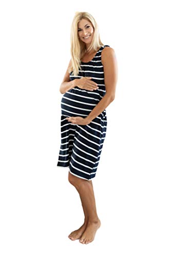 Image of Baby Be Mine 2 in 1 Maternity Nursing Nightgown Nightdress Hospital Bag Must Have, Pregnancy Breastfeeding (X Large, Navy Stripe)