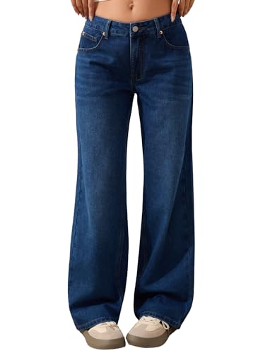 Wanduyini Low Rise Baggy Jeans for Women Y2K Vintage Wide Leg Loose Fit Straight Denim Pants Casual Trousers (Dark Blue,M)