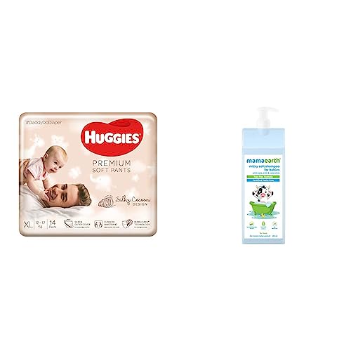 Image of Huggies Premium Soft Pants - Extra Large (XL) Size Diaper Pants - 14 Count & Mamaearth Milky Soft Shampoo with Oats - Milk and Calendula for Babies (400 ml)