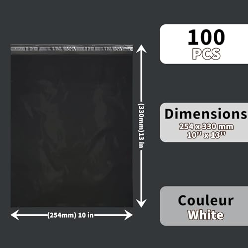 Kunststoffumschläge, selbstklebend, wasserdicht, 100 Stück, 254 mm x 330 mm, Schwarz