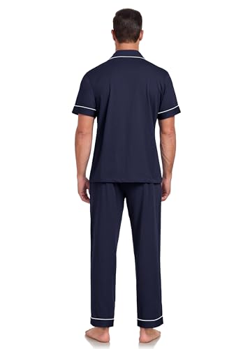 Image of COLORFULLEAF 100% Cotton Mens Pajamas Set Short Sleeve Loungewear with Long Pants Button Down Sleepwear Soft Comfy Pj for Men