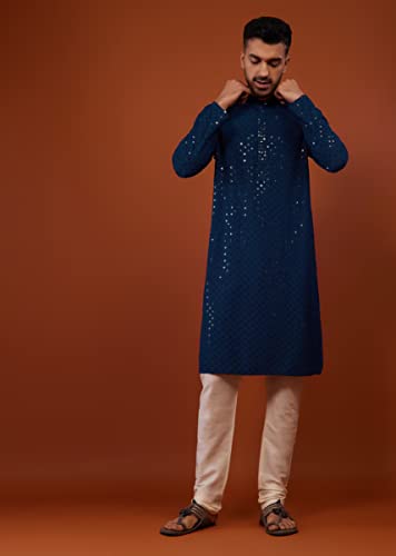Image of Men's Rayon Blend Lucknowi Sequence Kurta Pyjama (Chickankari)