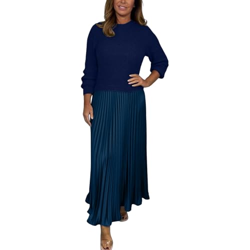Sweater Dress for Women Long Sleeve Crewneck Pullover Patchwork Fall Winter Maxi Dress Fashion Casual Loose Clothes S-3XL Blue