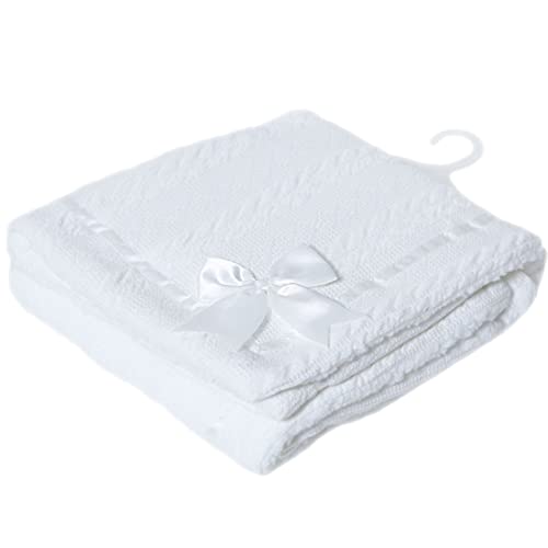 Gum & Berries Baby Wrap Chevron Cable Knit Satin Bow Soft Sherpa Back Pram Blanket Soft Touch White 75 cm x 90 cm