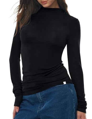 C202 Long Sleeve Shirts for Women Mock Turtleneck Tops Merino Wool Knit Going Out Top Basic Fitted...