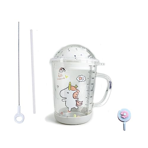 Xfeyaqlo Vaso de pajita con tapa, tapa antideslizante y pajita de silicona, para zumo de leche, para microondas, (pony blanco 2)