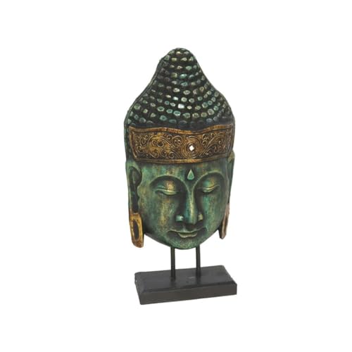 Gissed Cabeza Decorativa de Buda en Madera, Acabado Verde y Dorado con Base, Estilo Zen para Casa (40 CM)