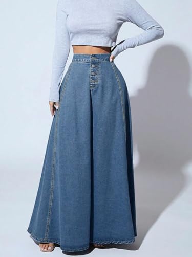 Women Denim a Line Single Breasted High Waist Jeans Vintage Maxi Simple Casual Elegant Splice Long Skirt (Dark Blue,Small)2