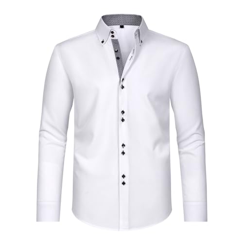 SYDUZAX Men's Dress Shirts Long Sleeve Casual Smart Button Shirt Non Iron Turn Down Collar Double Breasted Business Shirts Regular Fit Stretch Wedding Work Office Oxford Formal Shirt Blouse White