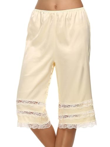 NUFIWI Lace Trim Bloomers for Women Satin Slip Shorts Culottes Pettipants Under Skirt Elastic Lingerie Underwear(Lace Yellow,XL)
