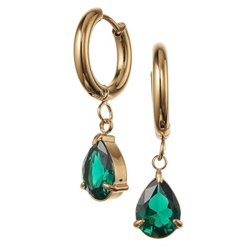 Piena フープピアス レディース サージカルステンレス製 両耳用 ティアドロップ 揺れる つけっぱなし 低刺激 金属アレルギー対応 (ゴールド×エメラルド)