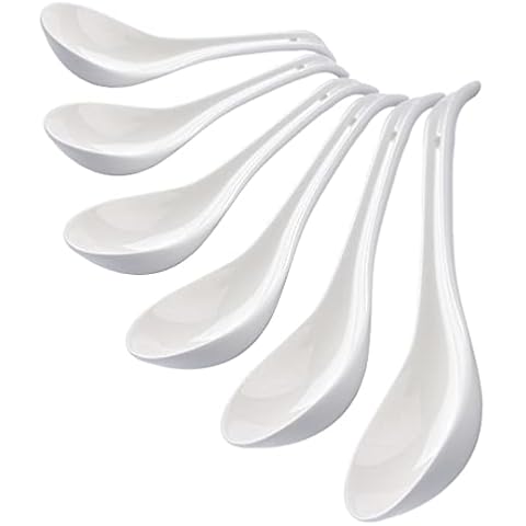 CHILDIKE Porcelain Soup Spoons Set of 6, Ceramic Chinese Soup Spoons 6.6 Inch, Asian Soup Spoons, Japanese Ramen Spoons, White Cover
