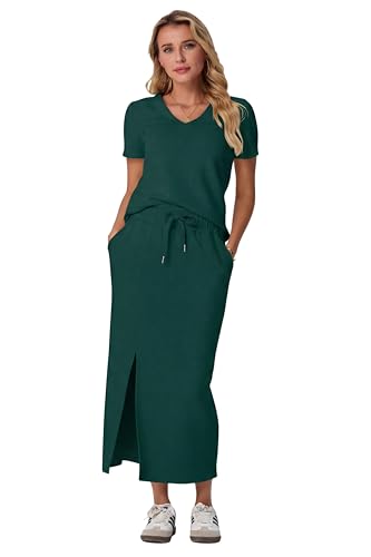 Image of GRECERELLE Women Summer Casual 2 Piece Sets V-Neck Wrinkle-Free Top & Elastic Waist Midi Side Slit Skirt with Pockets