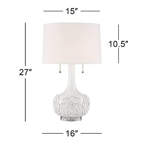 Possini Euro Design Natalia Modern Country Cottage Vase Table Lamp With Round Riser 27" Tall White Floral Ceramic Acrylic Base Drum Shade For Living Room Bedroom House Bedside Nightstand Home #TOP7