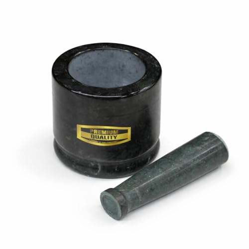 Image of JMH Mortar and Pestle Set Green Marble Khalbatta 4 Inch Flat Design for Kitchen Spice Grinding Manual Masala Crusher Stone Imam Dasta (Dark Green, 4 Inch)