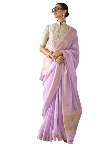 Image of MADHUHANSH Women's Cotton Linen Saree with Unstitched Blouse Piece and Solid Pattern | Mithila Painting Saree | Saree for Haldi Ceremony