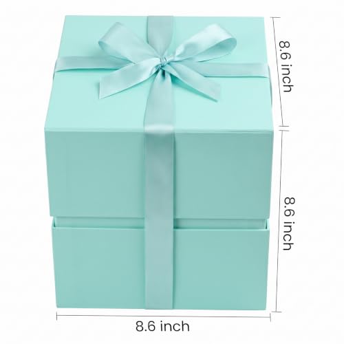 Image of LIFELUM Green Blue Square Gift Box for Presents with Magnetic Lid 8.6 x 8.6 x 8.6 inch, 1 Pack Gift Box Contains Card, Ribbon, Shredded Paper Filler for Wedding, Birthday, Bridal Gifts