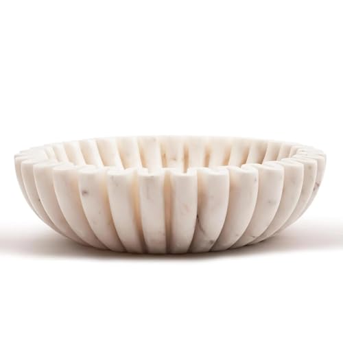 Image of Marble Urli Bowl for Decoration | Big Potpourri Decorative Bowls in Home decor | Large White Floating Flower Plates of Stone | Small Shape puja Item | (9 inch, Ruffle)