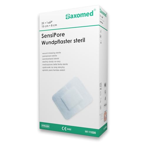 Saxomed SensiPore apósitos adhesivos 15x8 cm - tiritas estériles 25 unidades – almohadilla no adherente 10x4 cm – apósitos para heridas sensible sin látex