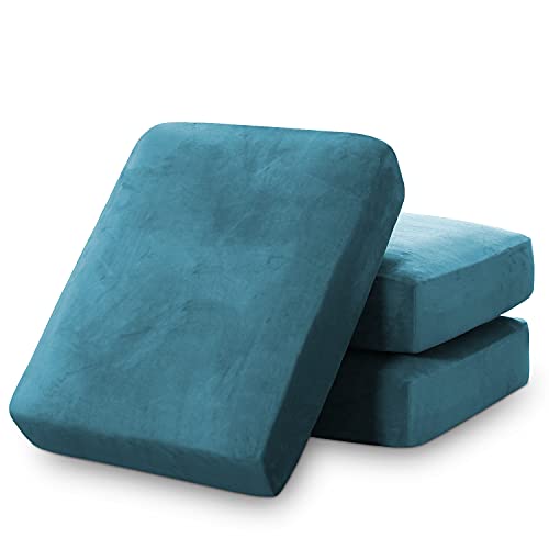 PrinceDeco Couch Cushion Covers, Stretch Washable Sofa Cushion Cover, Fitted Sofa Slipcover Velvet Fabric Non-Slip Furniture Protector for Dog,Pets, Kid (Each Width Up to 29.5", Blue)