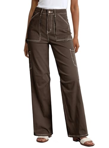 Dokotoo Cargo Jeans for Women Trendy Baggy Womens Jeans Women's Brown Pants 2024 Palazzo Dress Pants for Women High Waisted Pockets Stretchy Pants Fall Fashion Clothes