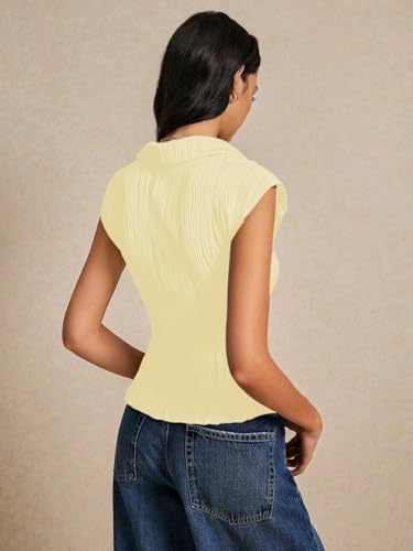 Image of GRECIILOOKS Korean Tees for Women | Tops for Woman | Collared Casual Summer Tops for Women Western | Knitted Top Button-Up Short Sleeve Crop Top |Summer Stylish Texture Korean Knit Tee