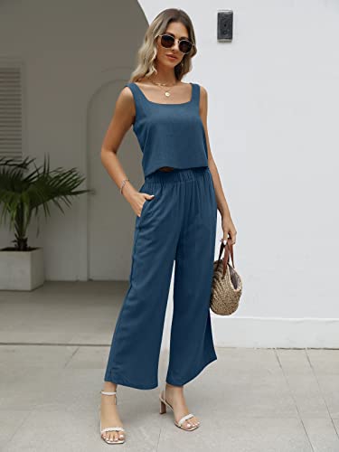 Automet Womens 2 Piece Outfits Matching Sets Summer Casual Linen Crop Top Wide Leg Pants Tracksuits With Pockets 2023 Fashion Clothes #TOP2