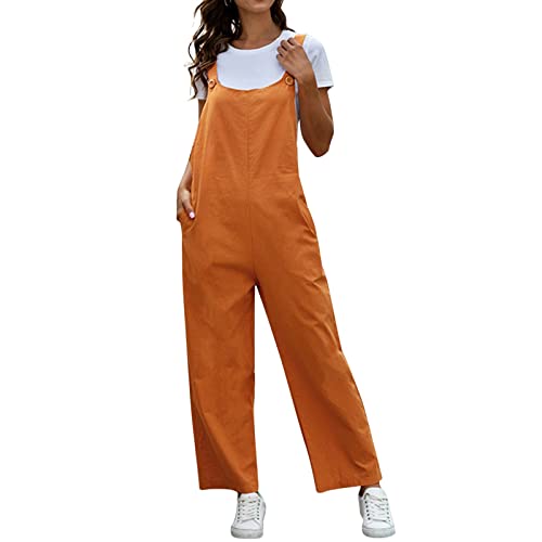 Pantalones de verano para mujer, pantalones de peto casuales vintage para mujer, pantalones casuales de pierna ancha, monos de primavera y verano, monocolor, sin mangas, traje casual largo, naranja, M