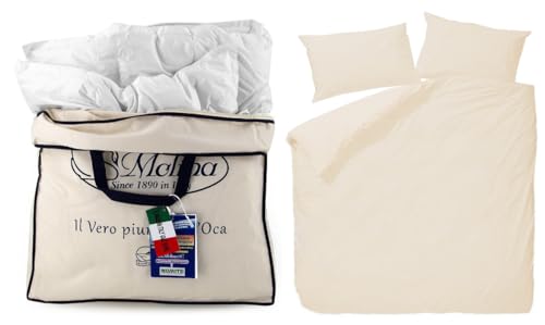 Molina Piumino Matrimoniale Perla 250x220 – 100% Piuma d’Oca Vergine Siberiana – 5 Punti Calore, Anallergico, Invernale Premium Made in Italy + copripiumino double-face var. (AVORIO)