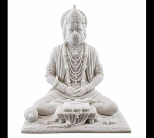 Image of Karigaari India White Marble Finish Hanuman Idol Sitting in Meditation Pose | Bajrangbali Murti for Home Temple Office Car Dashboard | Decorative Spiritual Figurine for Puja & Gifting