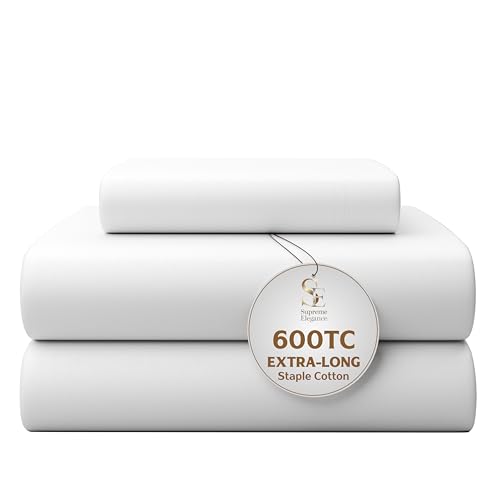 Image of 600 Thread Count White Bed Sheets Set Twin Size, 100% Cotton Ultra-Soft & Silky, Back to School College Essentials, Wrinkle-Resistant Sateen Weave Deep Pocket Sheet Set (Twin, Arctic White)