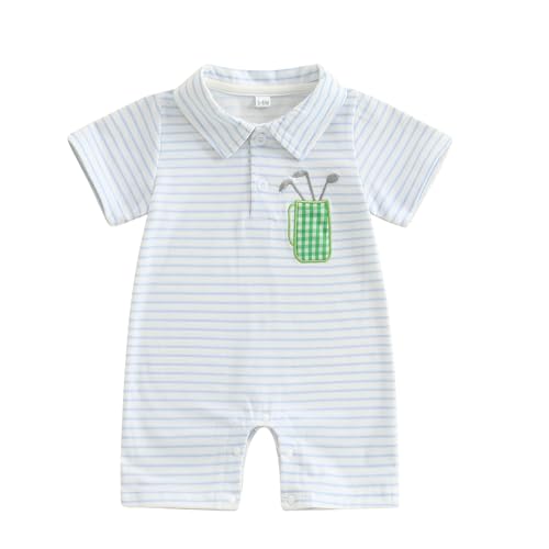 Image of Dewadbow Baby Boy Summer Outfit Short Sleeve Embroidery Collared Romper Lapel Button Striped Bodysuit Jumpsuit Clothes