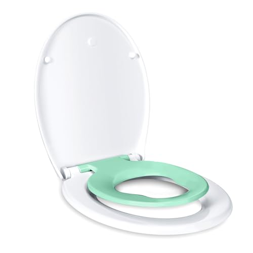 TODOT Abattant WC Familial, Lunette de Toilette avec Siège Enfant Magnétique, Frein de Chute et Charnière Réglable, Abattant WC en Polyéthylène pour Adultes et Enfants (Vert)