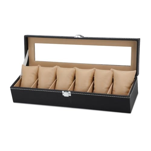 Image of Watch Box Organizer for Men and Women, 6 Slots, Leatherette, Black, Gift Box (Black::Beige)