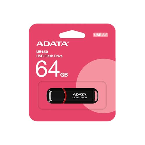 Image of ADATA UV150 64GB USB 3.2 Gen1 Pen Drive (Black) - High-Speed 100MB /s Read, Compact Snap-On Cap, Plug-and-Play Flash Drive for Laptop, PC, Smart TV, Gaming & Car Audio