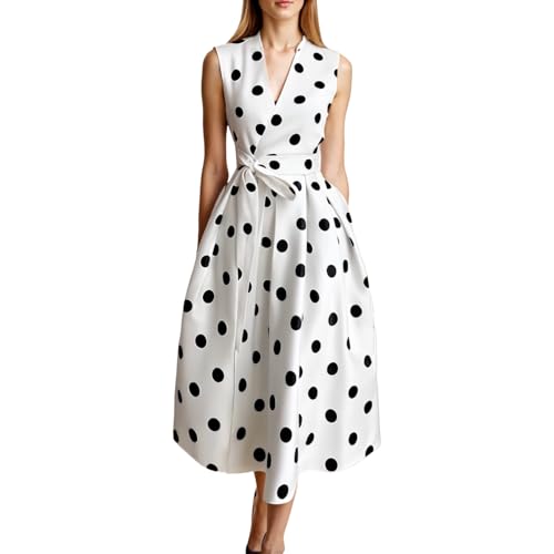 BEYINCUTE Womens 2025 Summer Sleeveless Midi Dress White Polka Dot Bow V Neck Flowy Aline Dresses Side Pocket Cocktail Dress