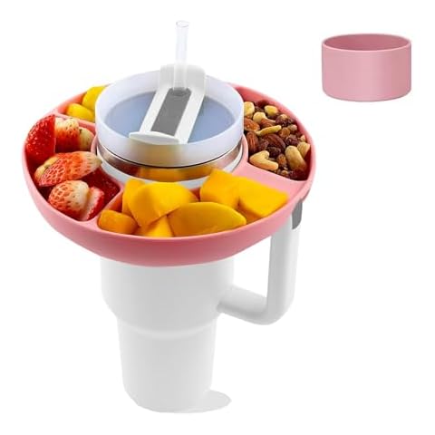 Seven uncles Snack Bowl and Cup Boot for Stanley 40 oz Tumbler with Handle, Reusable Silicone Snack Ring for Cup，Snack Tray Bowl with Four Compartments (Silicone, Pink) Cover