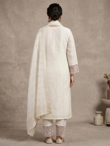 Image of Women Pure Chanderi Kurta Pant Dupatta Set | White Embroidered Ethnic Suit Set for Women | Floral Embroidery Kurta with Mul Cotton Dupatta