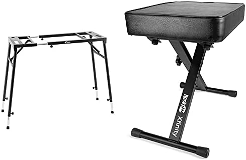 TIGER KYS21-BK Adjustable Platform Keyboard Stand Flat Top Stand for Keyboards and Mixers Black & RockJam RJKBB100 Premium Adjustable Padded Keyboard Bench or Digital Piano Stool