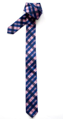 Retreez Plaid Check Patterns Woven Microfiber Skinny Tie - Pink and Blue